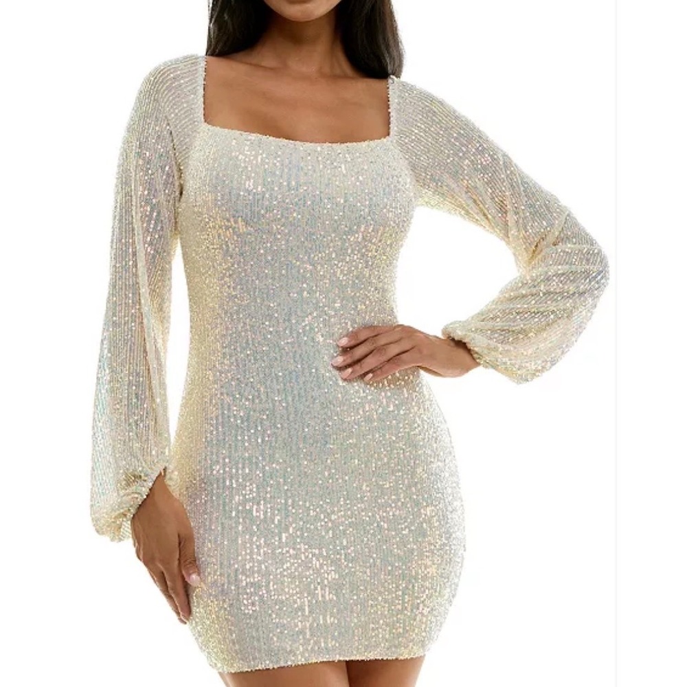 Speechless Iridescent Sequin Mini Dress Cream Square Neck Tie Back Size XS NEW